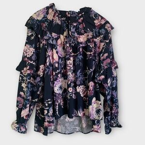 Cupio Floral Print  Ruffle Front Peasant Blouse